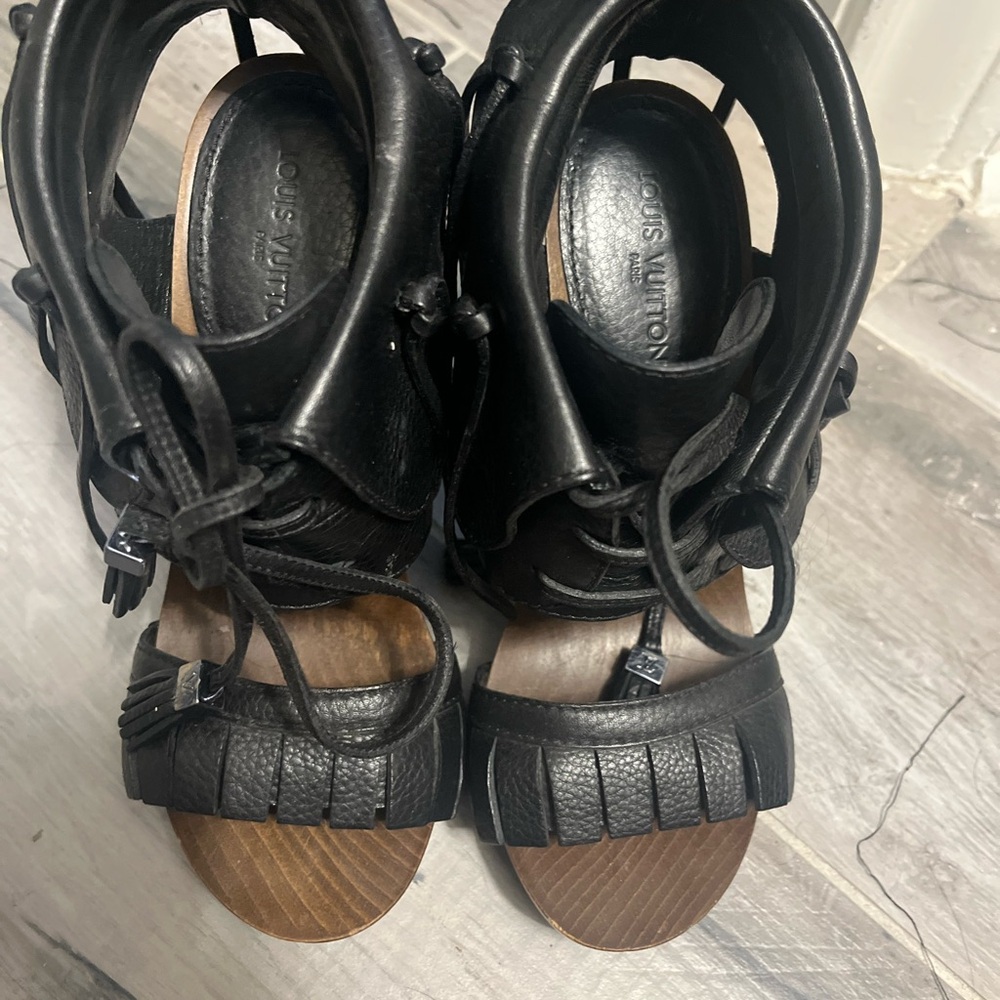 Louis Vuitton Black Leather Sandals with Structured Design